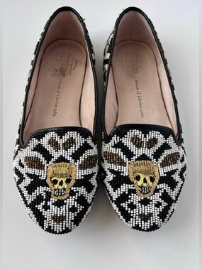 House of Harlow 1960 Zenith Beaded Skull Flats Black, White, Gold EU 36 US 6